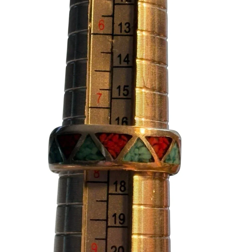 Navajo Chip Inlay Ring 925 Silver Turquoise‎ & Coral Ted Ott Size 7.5 Vintage